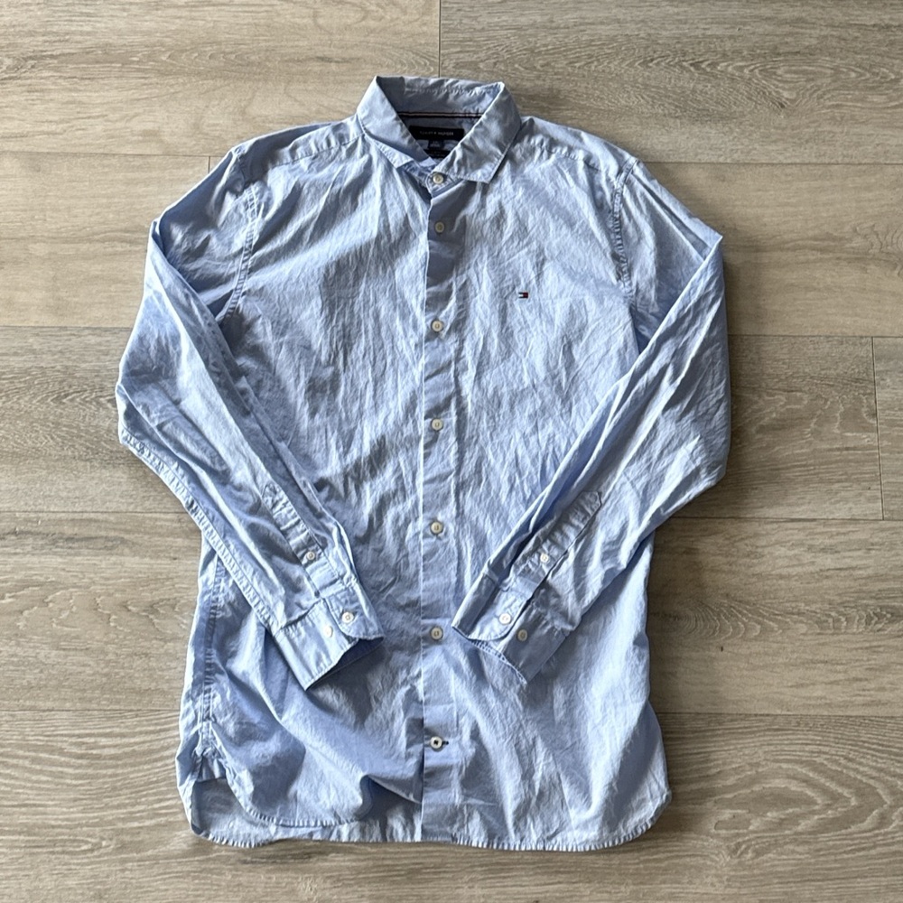Tommy Hilfiger Classic Long Sleeve Button Down Shirt Blue Slim Fit Size L Men's